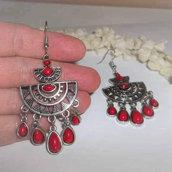 Chandelier Earring Red and Silver Dangle Drop Southwestern Boho Style Set A486 - Picture 5 of 5